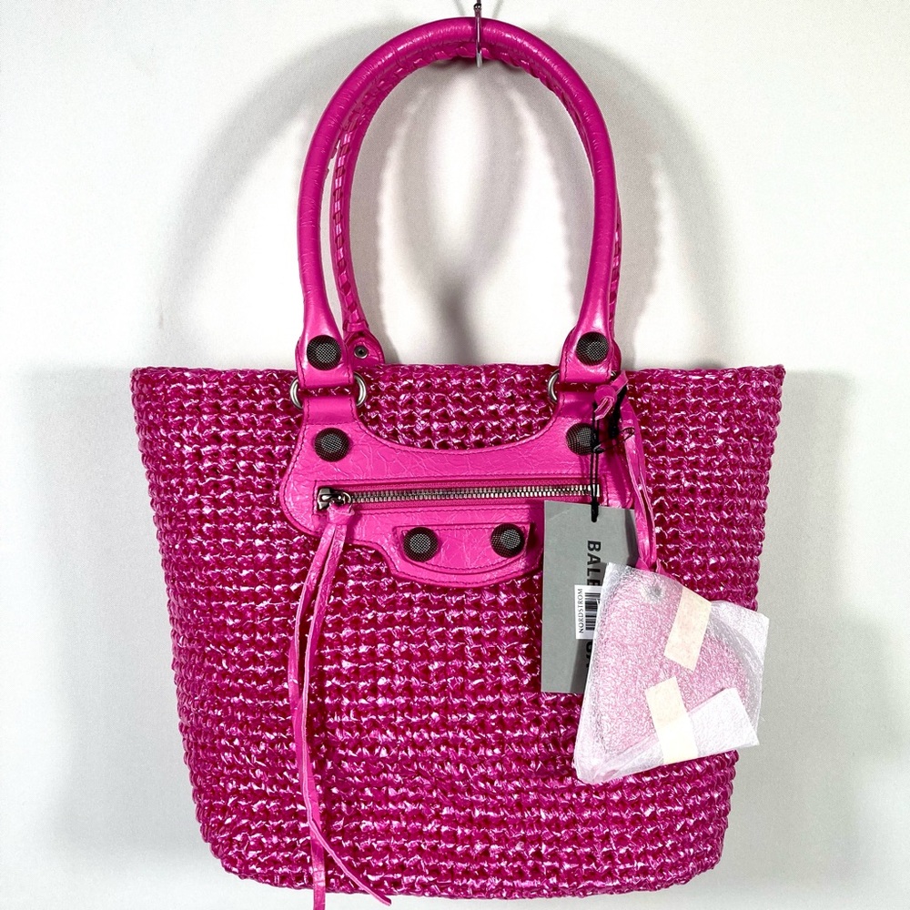 Balenciaga Small Le Cagole Nylon Raffia Tote Pink NWT - Picture 4 of 17